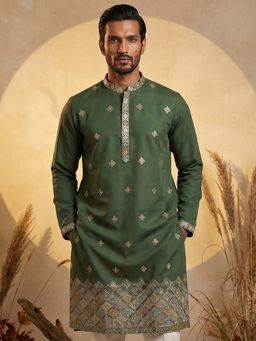 ETHNIC BAY - Mens Silk Blend Green Embroidered Straight Kurta