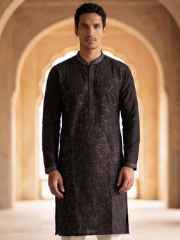 ETHNIC BAY - Mens Silk Blend Black Embroidered Straight Kurta