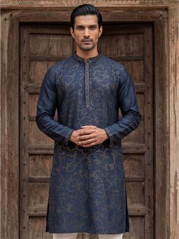 ETHNIC BAY - Mens Silk Blend Teal Embroidered Straight Kurta
