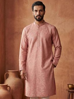 ETHNIC BAY - Mens Silk Blend Peach Embroidered Straight Kurta