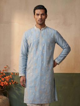 ETHNIC BAY - Mens Silk Blend Blue Embroidered Straight Kurta