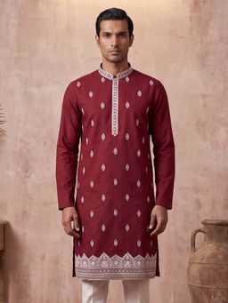 ETHNIC BAY - Mens Silk Blend Maroon Embroidered Straight Kurta