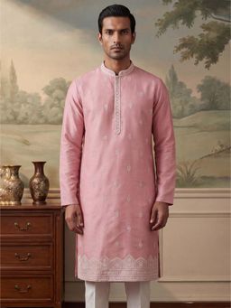 ETHNIC BAY - Mens Silk Blend Pink Embroidered Straight Kurta