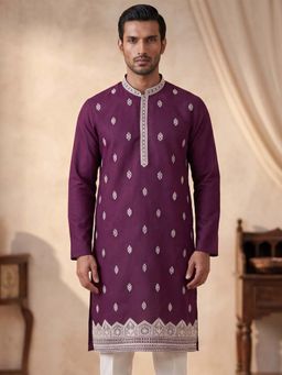 ETHNIC BAY - Mens Silk Blend Purple Embroidered Straight Kurta