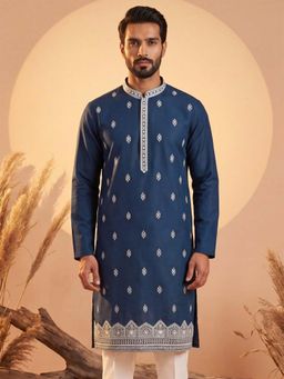ETHNIC BAY - Mens Silk Blend Blue Embroidered Straight Kurta