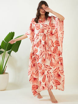 The Kaftan Company - Peach Tropical Cotton Tie Up Kaftan