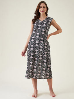 The Kaftan Company - Black and Pink Floral Sleeveless Nightdress