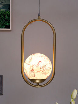 Homesake - Metal Pendant Glass Golden Oval Planet Red