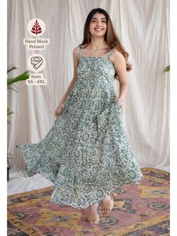 The Indian Ethnic Co. - Green A-Line Batik Hand Block Mul Dress With Attached Lining