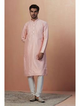 Manyavar - Art Silk Pink All Over Self Design Mandarin Collar Kurta with Pencil Pajama (Set of 2)