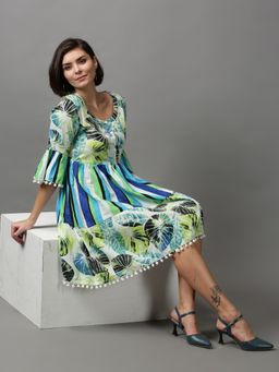 SHOWOFF - Womens Round Neck Tribal Multi Knee Length Dress