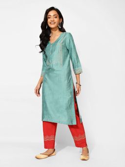 Fabindia - Teal Silk V-Neck Kurta (Set of 2)