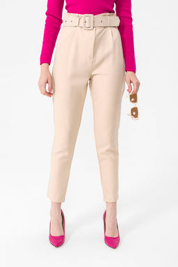 Sateen - Solid Beige Trousers with Belt