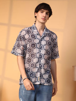 Campus Sutra - Mens Navy Blue and Off-White Hexagon Knit Oversized Shirt