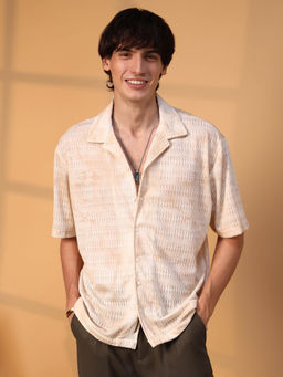 Campus Sutra - Mens Tan Brown and Ivory White Faded Woven Oversized Shirt