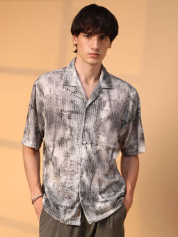 Campus Sutra - Mens Charcoal Black and Ivory White Faded Woven Oversized Shirt