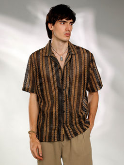 Campus Sutra - Mens Camel Brown and Midnight Black Multitrack Knit Oversized Shirt
