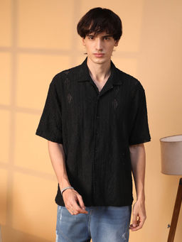 Campus Sutra - Mens Onyx Black Argyle-Textured Oversized Shirt