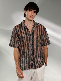 Campus Sutra - Mens Hazelnut Beige and Midnight Black Multitrack Knit Oversized Shirt