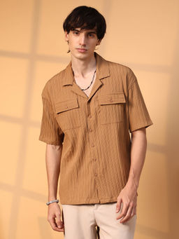 Campus Sutra - Mens Camel Brown Tactile-Lined Oversized Shirt