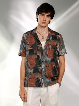 Campus Sutra - Mens Chocolate Brown and Midnight Black Abstract Utility Oversized Shirt