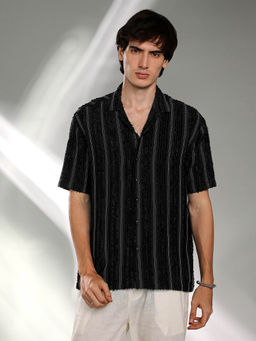 Campus Sutra - Mens Raven Black Unhemmed Striped Oversized Shirt