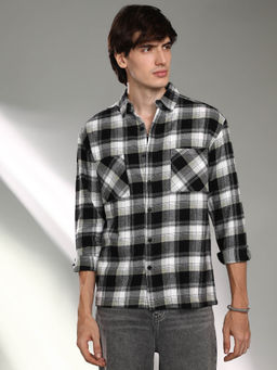 Campus Sutra - Mens Onyx Black and Daisy White Tartan Plaid Shirt