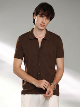 Campus Sutra - Mens Taupe Brown Rhombus-Textured Knit Shirt