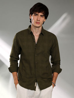 Campus Sutra - Mens Moss Green Hive-Checkered Shirt