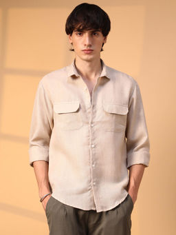Campus Sutra - Mens Khaki Beige Solid Utility Shirt
