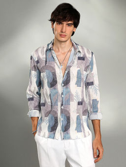 Campus Sutra - Mens Icy Blue and Ivory White Twig-Block Shirt