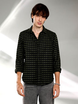 Campus Sutra - Mens Seaweed Green and Charcoal Black Gingham Shirt