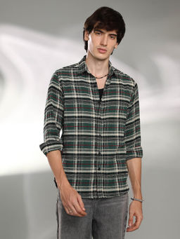 Campus Sutra - Mens Pine Green Woven Plaid Shirt