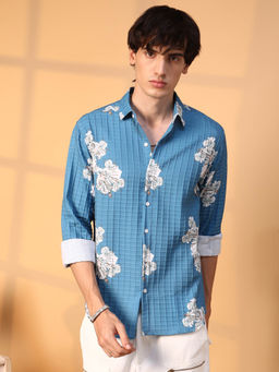 Campus Sutra - Mens Sky Blue Hibiscus-Waffle Shirt
