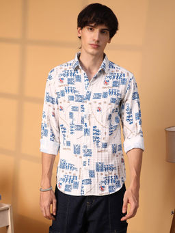 Campus Sutra - Mens Ivory White Folk-Waffle Shirt