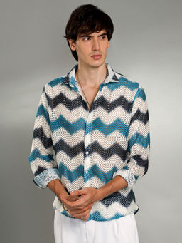 Campus Sutra - Mens Electric Blue and Powder White Chevron-Block Knit Shirt