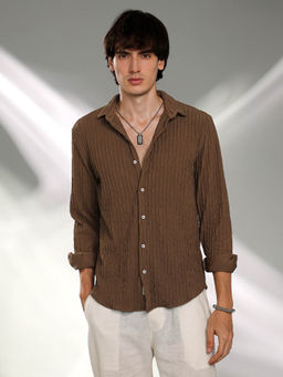 Campus Sutra - Mens Chocolate Brown Crease-Stripe Textured Shirt