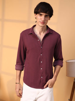 Campus Sutra - Mens Burgundy Red Rope-Textured Shirt