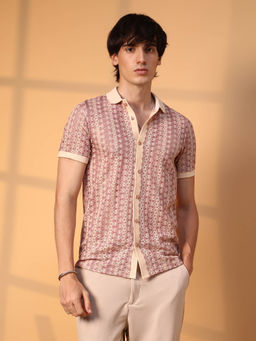 Campus Sutra - Mens Blush Pink and Peach Orange Pastel Crochet Shirt