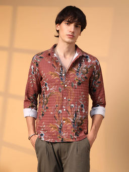 Campus Sutra - Mens Terracotta Brown Sunflower-Waffle Shirt