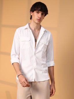 Campus Sutra - Mens Chalk White Ribbed Utility Shirt