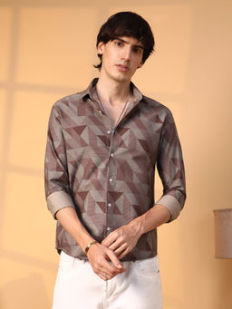 Campus Sutra - Mens Chocolate Brown Geometric Seersucker Shirt