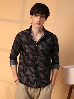 Campus Sutra - Mens Midnight Black Geometric Seersucker Shirt