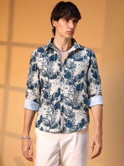 Campus Sutra - Mens Ivory White and Indigo Blue Foliage-Waffle Shirt