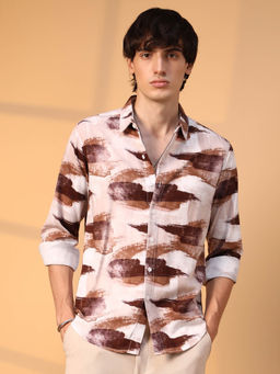 Campus Sutra - Mens Mocha Brown and Desert Sand Brush Strokes Shirt