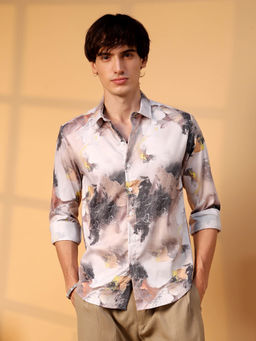 Campus Sutra - Mens Charcoal Black and Ivory White Faded Bloom Shirt