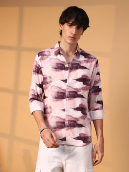 Campus Sutra - Mens Wine Red and Baby Pink Brush Strokes Shirt