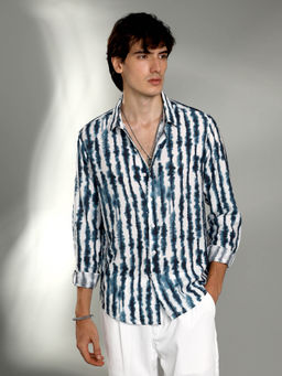 Campus Sutra - Mens Indigo Blue and Daisy White Ink-Striped Shirt