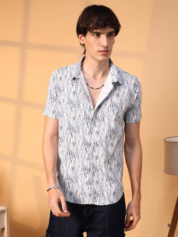 Campus Sutra - Mens Cream White and Navy Blue Contrast Grazed Shirt