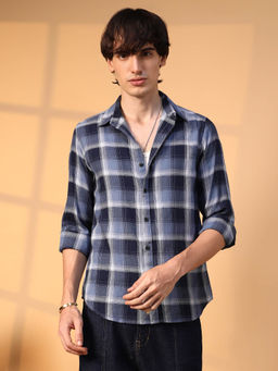 Campus Sutra - Mens Cream White and Aegean Blue Tartan Plaid Shirt